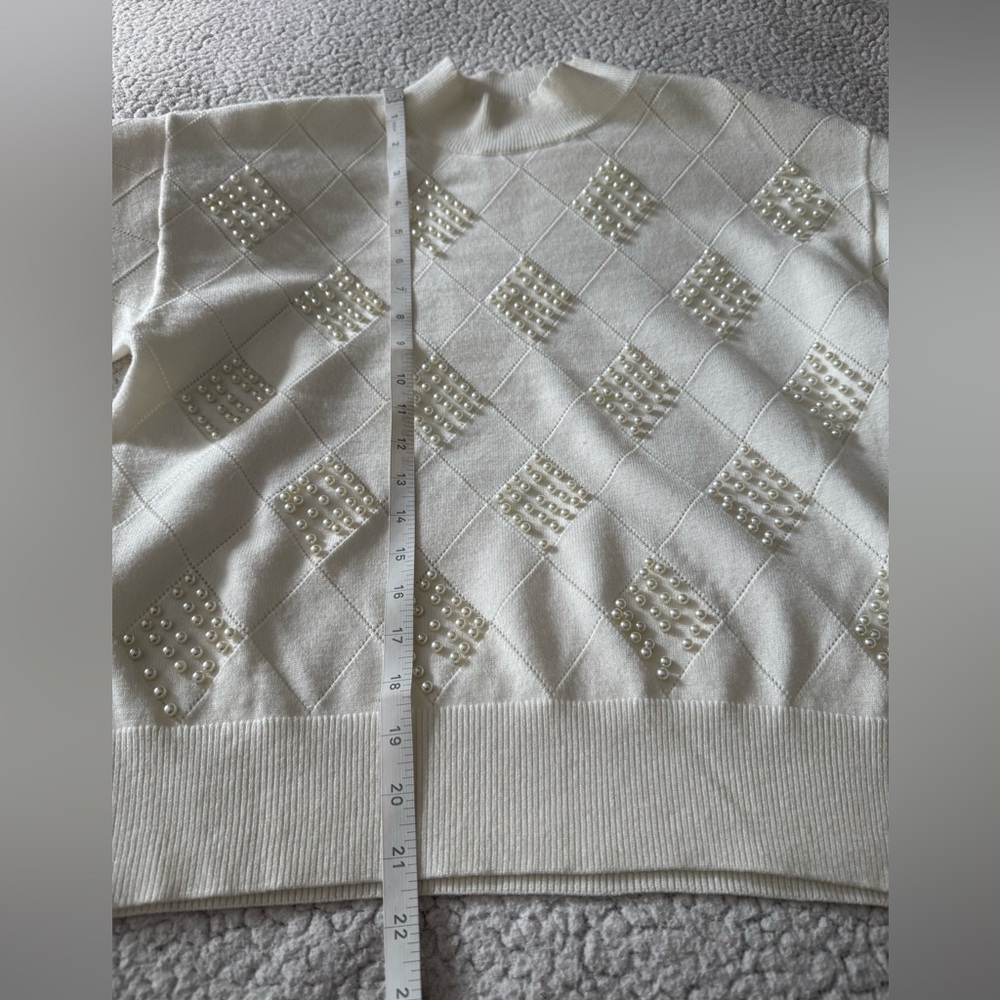 River Island Cream White Argyle Sweater With Pearl Detail Size M - Picture 9 of 10